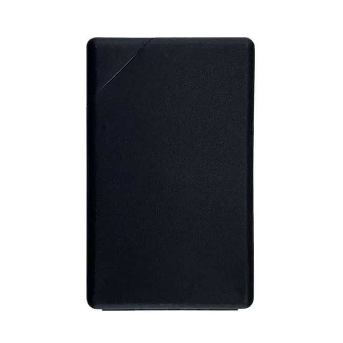 A black rectangular packaging item with a smooth surface, featuring a logo on one side.