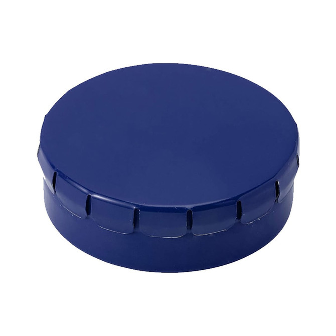 A deep blue mint tin with a rounded lid, featuring a textured edge. The tin has a logo on the top.