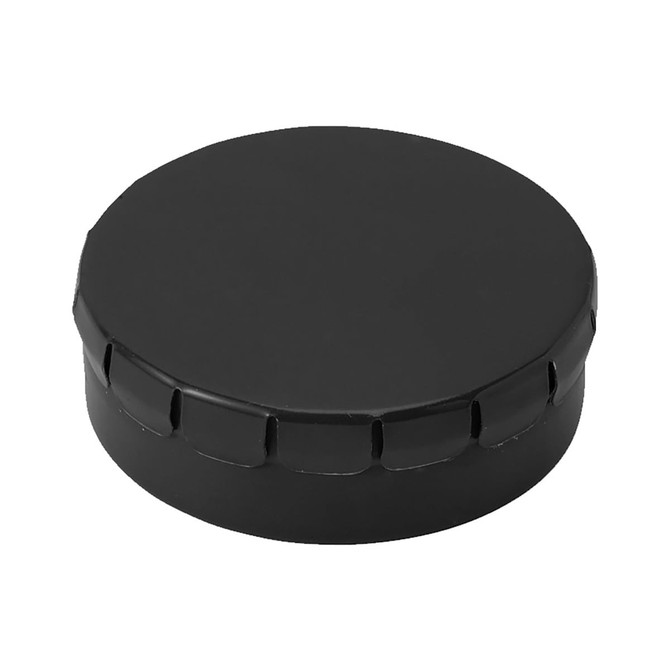 A black mint tin with a round shape and a textured lid. It includes a logo.