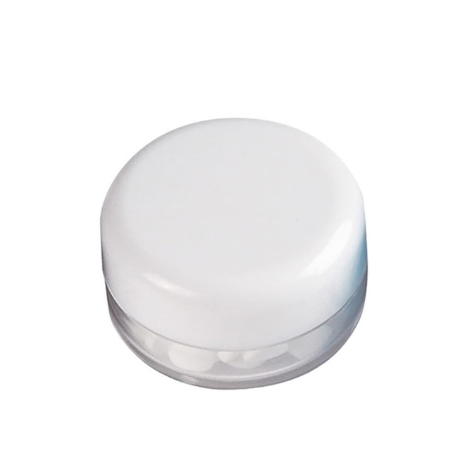 A screw-lid mint jar with a white top and clear body, containing sugar-free lollies.