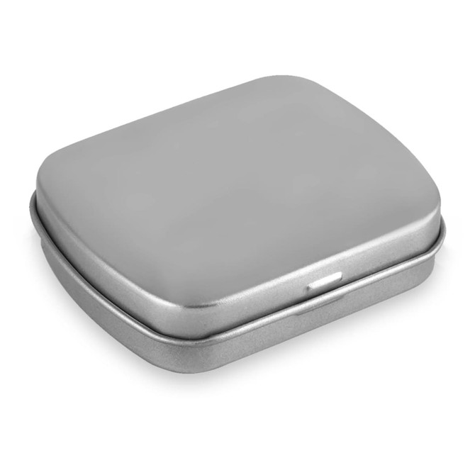 A silver rectangular mint tin with a smooth, shiny surface and a hinged lid, featuring a logo.