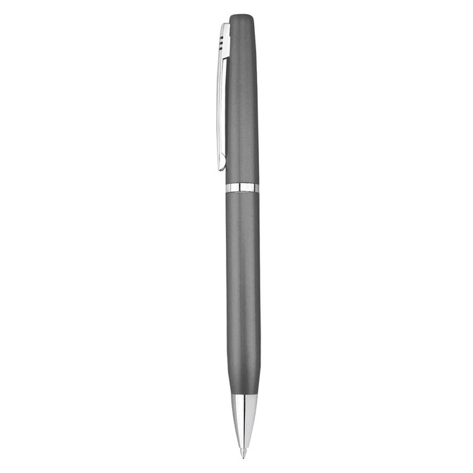 A metal pen in a sleek grey finish with a silver clip and detailing, featuring a logo.