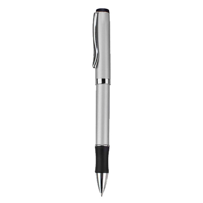 A silver metal pen with a black grip and clip, featuring a branding logo.