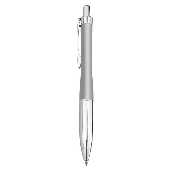 A metal pen with a grey grip and chrome accents, featuring a clip and a transparent barrel.