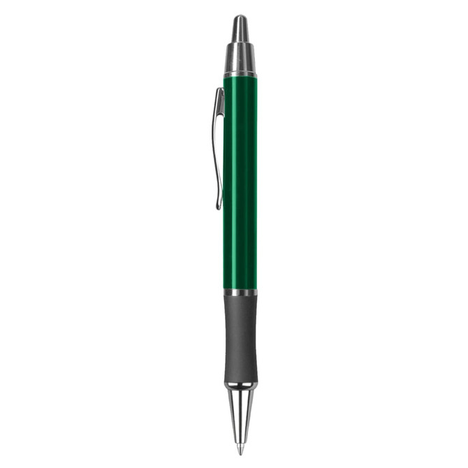 A green metal pen with a silver clip and black grip, featuring a polished finish and a logo.