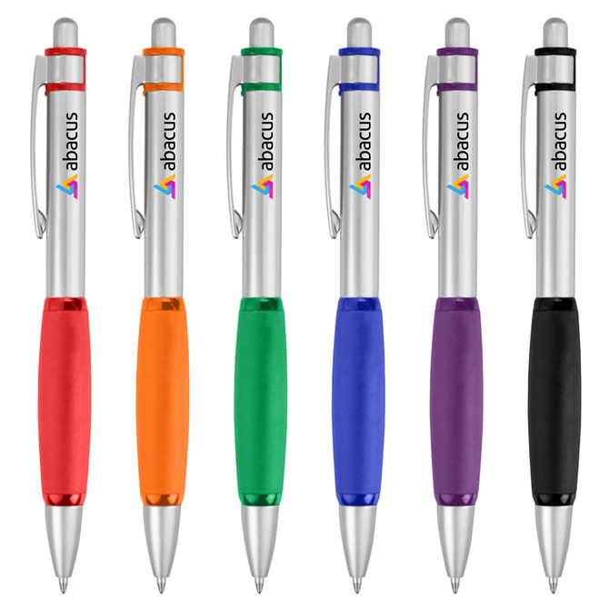 A collection of six metal pens in red, orange, green, blue, purple, and black with silver accents and a logo.