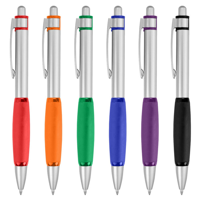 A set of metal pens in six colours: red, orange, green, blue, purple, and black, featuring rubber grips and clips.