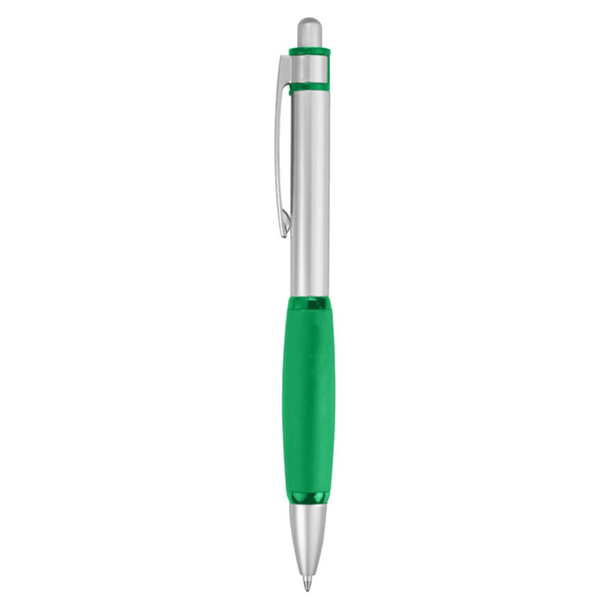 A metal pen in silver with a green grip and a matching green accent, featuring a clip and a branding logo.