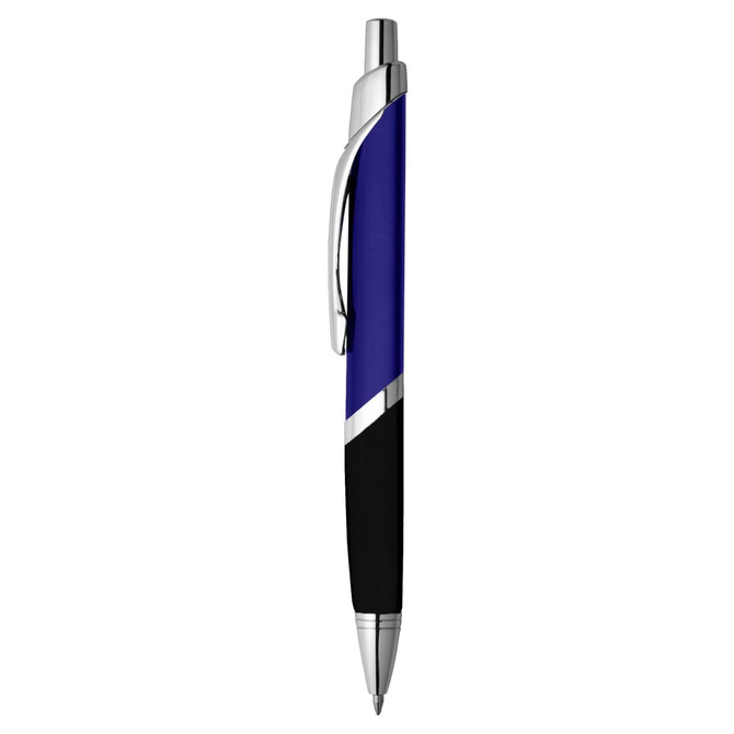 A metal pen in blue and black with silver accents and a clip, featuring a logo.