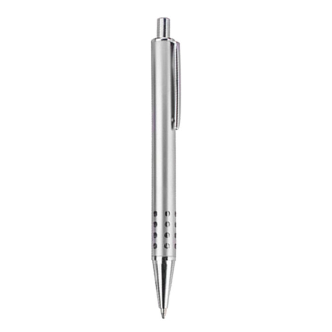 A metal pen in a sleek silver finish with a clip and dotted design on the barrel.
