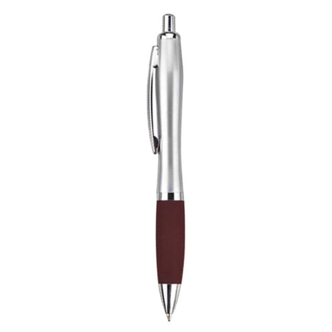 A metal pen with a silver barrel and a burgundy grip, featuring a clip and a logo.