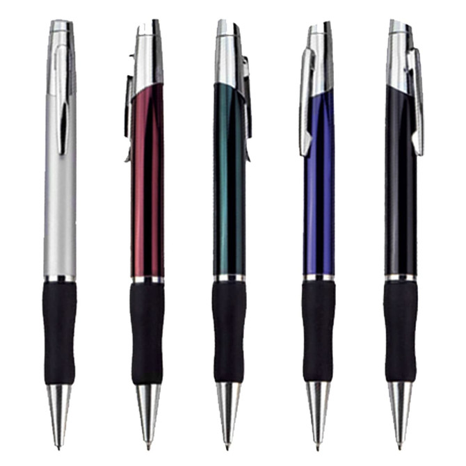 A collection of five metal pens in silver, burgundy, green, blue, and black, featuring a textured grip and clip.