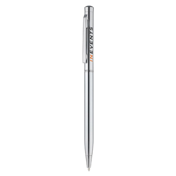 A metal pen with a sleek silver design and a logo on the side.