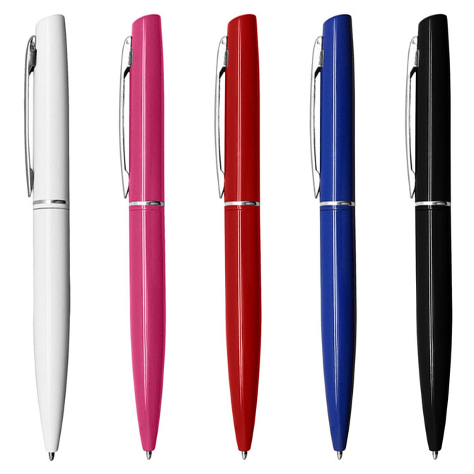A collection of metal pens in white, pink, red, blue, and black, featuring a sleek design and a branding logo.