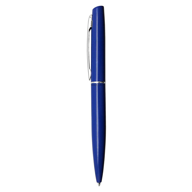A metal pen in a vibrant blue colour with a sleek design and a clip on the side. It features a branding logo.