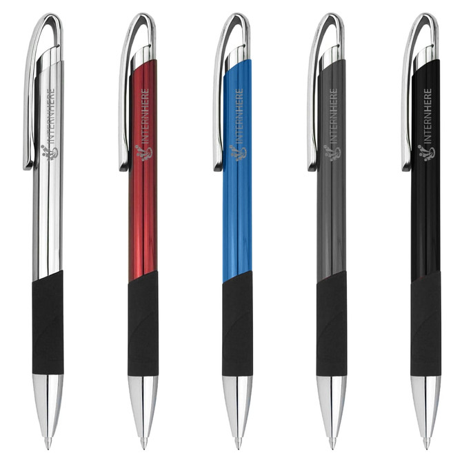 A set of five metal pens in red, blue, silver, and black with rubber grips and a logo.
