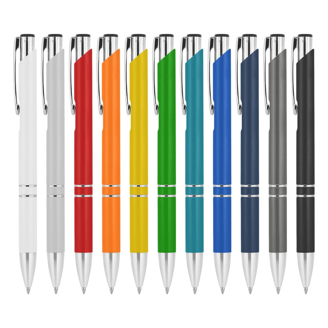 A selection of metal pens in white, red, orange, yellow, green, blue, dark blue, and black, featuring chrome accents.