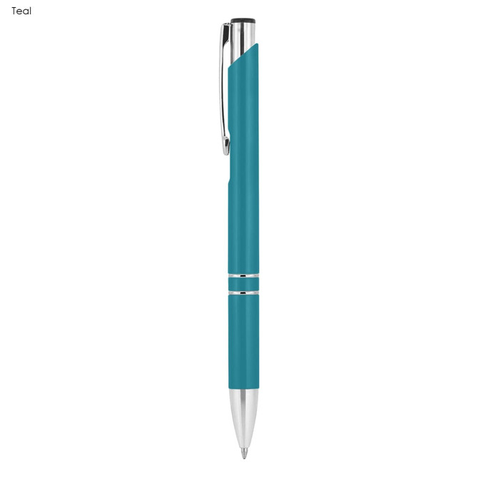 A metal pen in teal with silver accents and a clip, featuring a logo.