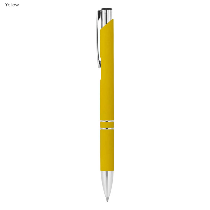 A yellow rubberised metal pen with a silver clip and detailing, featuring a branded logo.