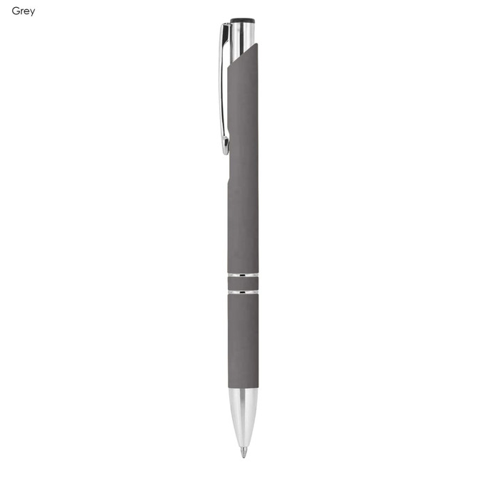 A grey metal pen with a rubberised grip and a silver clip, featuring a branding logo.