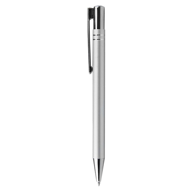 A metal pen in a sleek silver finish with a clip and a polished tip. It features a branding logo.