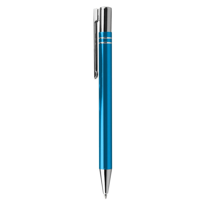 A blue metal pen with a shiny silver clip and decorative rings near the top. It has a sleek, polished finish.
