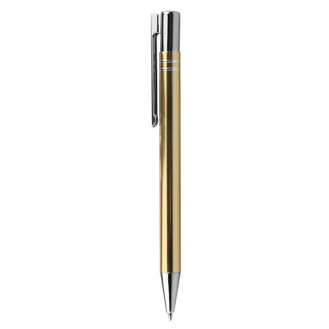 A metal pen with a sleek gold body and silver accents, featuring a clip and a shiny finish.