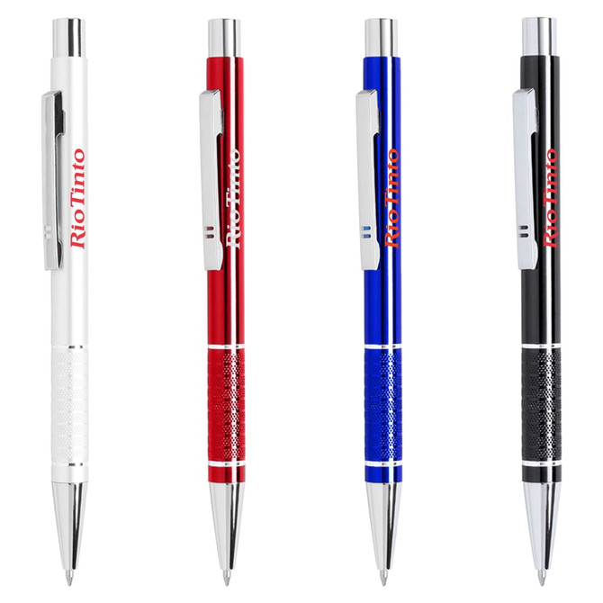 Four metal pens in white, red, blue, and black, each featuring a logo.