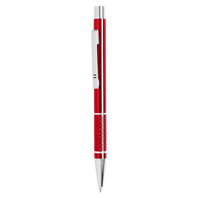 A metal pen in vibrant red with silver accents and a textured grip, featuring a clip and logo.