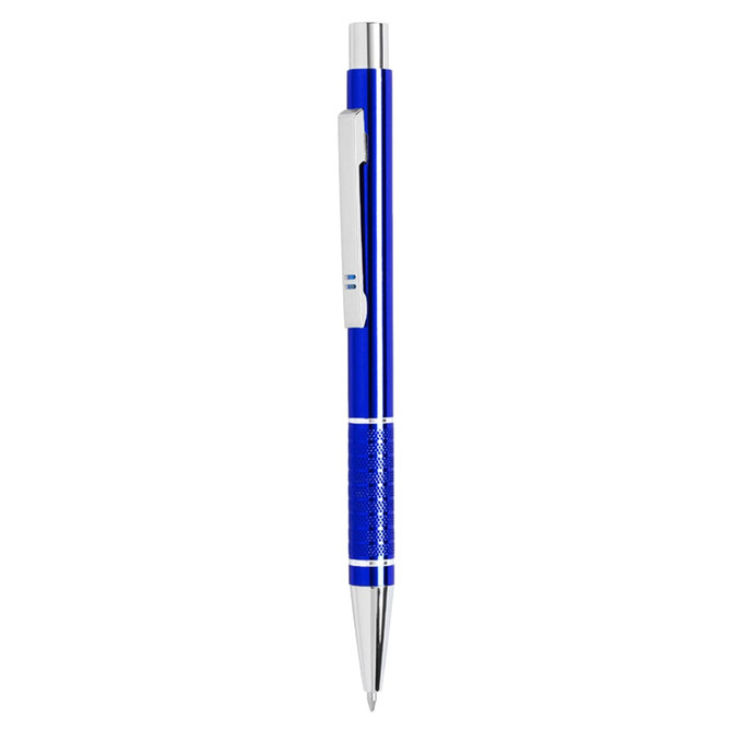 A metal pen in blue and silver, featuring a textured grip and a clip for easy attachment.