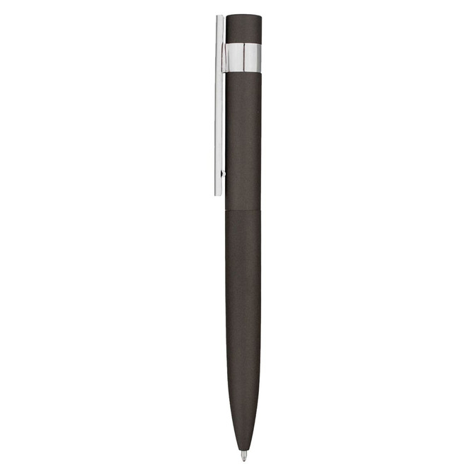 A metal pen in black with a chrome clip, featuring a sleek design and a brushed finish.