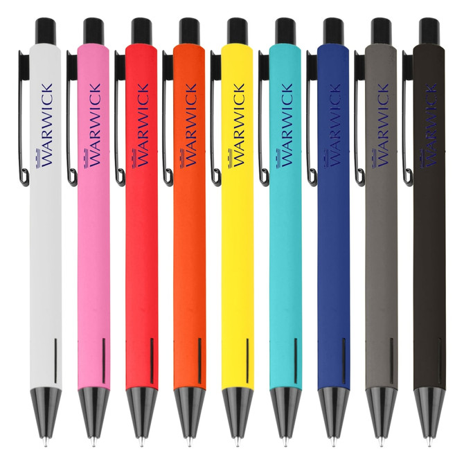 A collection of metal pens in white, pink, orange, yellow, and black, featuring clip attachments and brand logos.