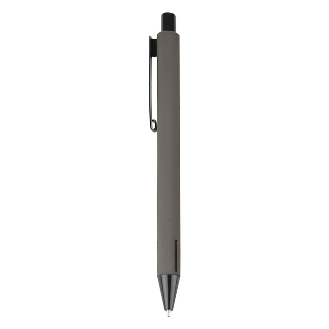 A metal pen in a sleek grey finish features a clip and a smooth design. The pen has a logo on its body.