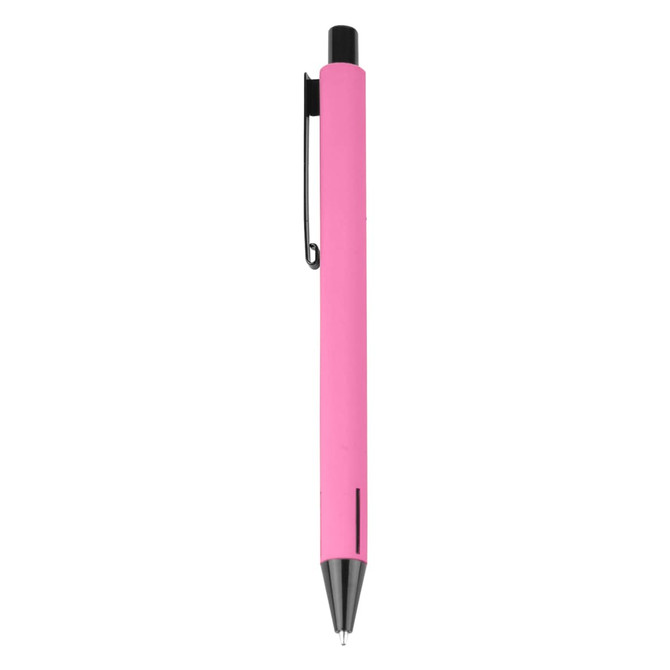 A pink metal pen with a black clip and tip, featuring a simple design and a branding logo.