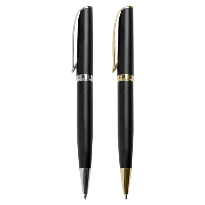 A pair of black metal pens, one with a silver clip and the other with a gold clip, featuring sleek designs.