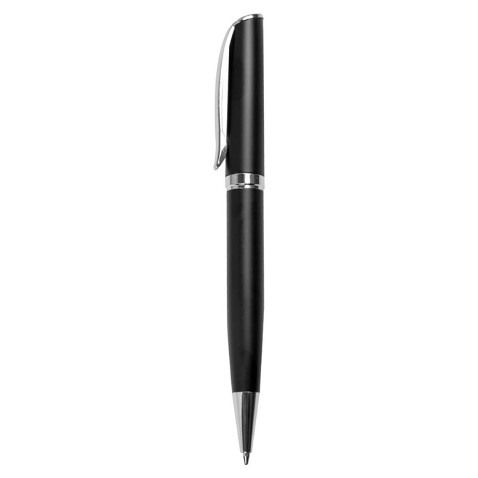 A metal pen in black with a silver clip and detailing, featuring a smooth, sleek design.