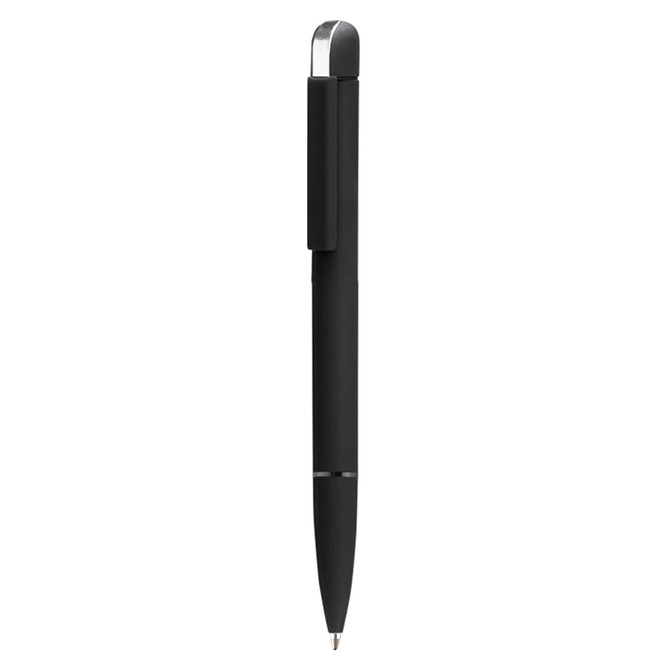 A black metal pen with a sleek design, featuring a clip and silver accents. There is a logo on the pen.