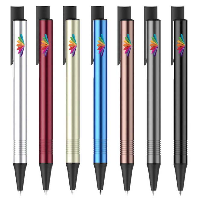 A collection of seven metal pens in silver, red, gold, blue, rose gold, black, and grey, featuring a logo on each pen.