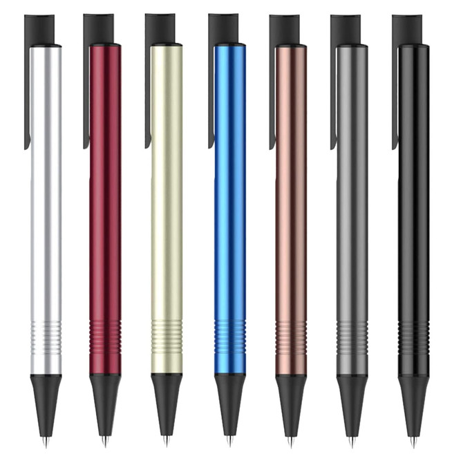 A set of eight metal pens in silver, red, gold, blue, rose gold, grey, and black, featuring a clip and a textured grip.