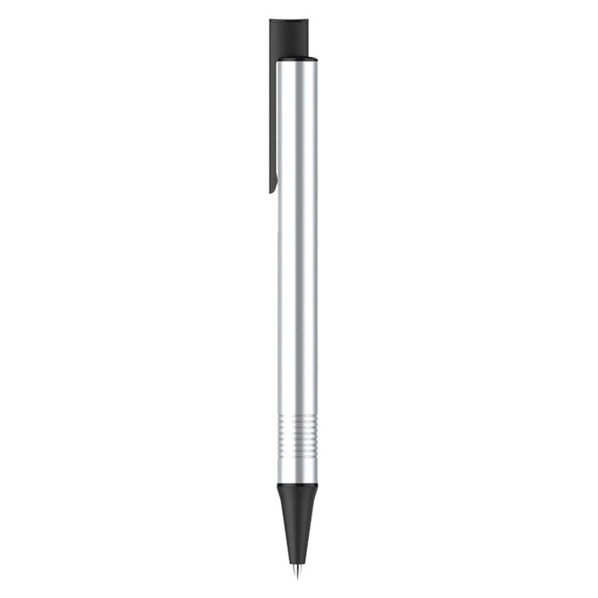 A silver metal pen with a black tip and clip, featuring a sleek and minimalistic design.
