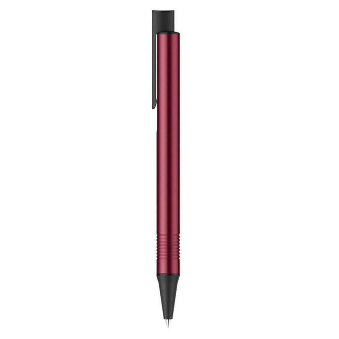 A metal pen in a sleek red colour with a black tip and clip, featuring a simple logo design.