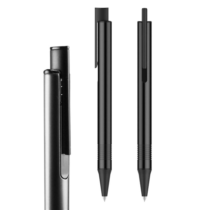A set of black metal pens with a sleek design, featuring a clip and ribbed grip. Includes branding.