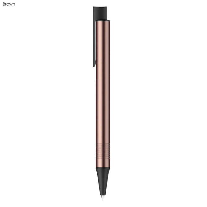 A metal pen in a sleek brown finish, featuring a clip and a textured grip. It has a branding logo.