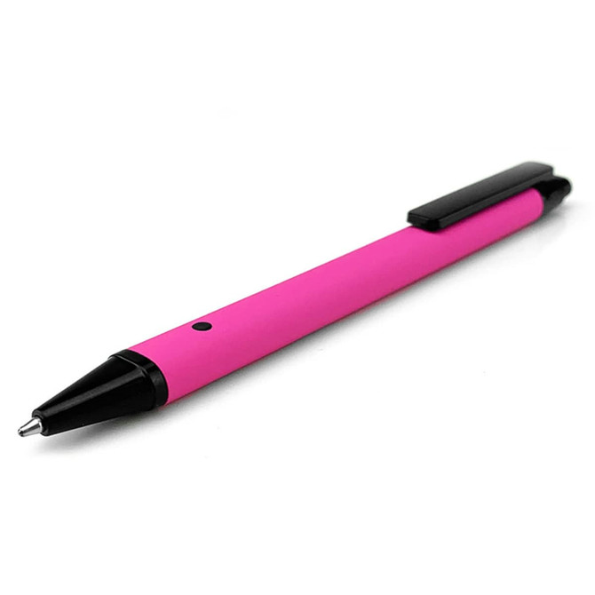 A pink metal pen with a black clip and tip, featuring a logo on its body.