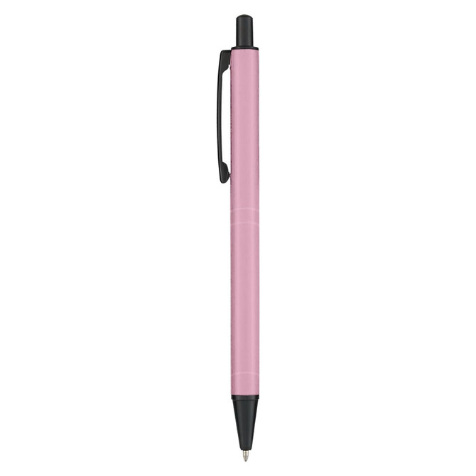 A metal pen in a soft pink colour with a black clip and tip. Features branding on the surface.