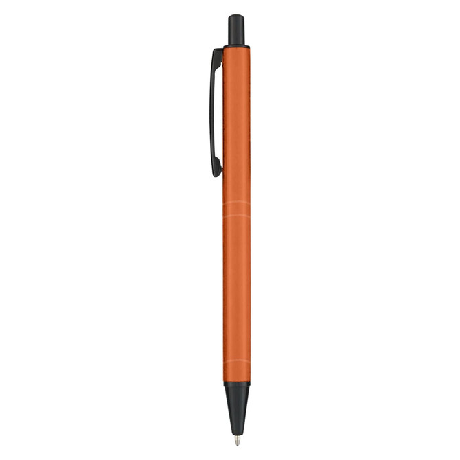 An orange metal pen featuring a black clip, designed for writing. It includes branding on the barrel.