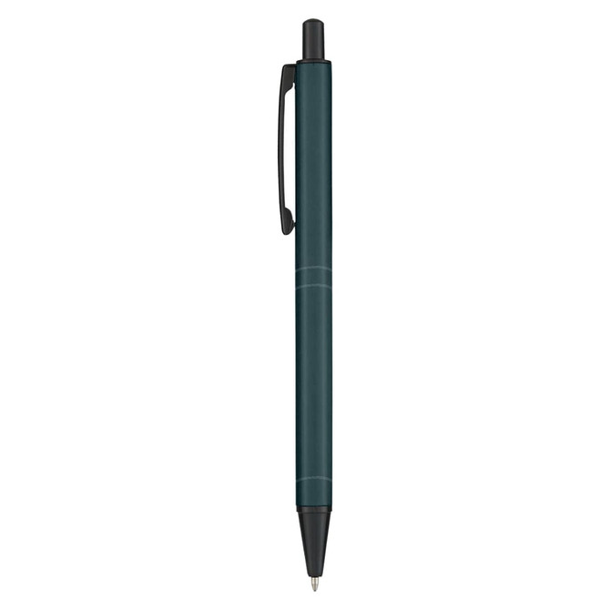 A metal pen in a dark teal colour with a clip and a sleek design. It features a branding logo.