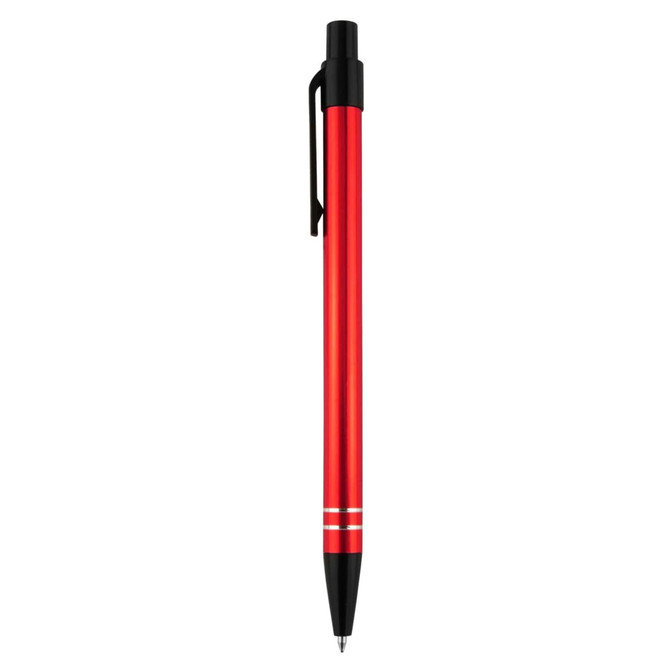 A metal pen in bright red with a black clip and two silver stripes near the base. It features a logo.