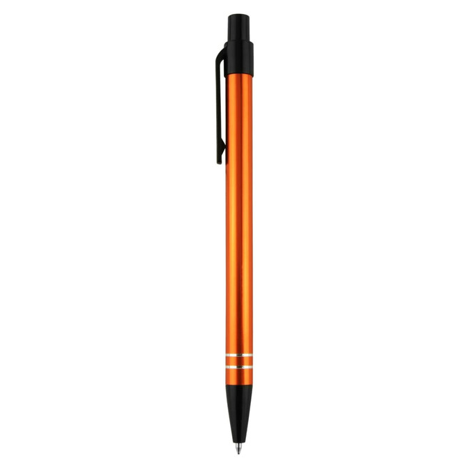 An orange metal pen with a black clip and accents. Features a sleek, minimalist design and branding logo.