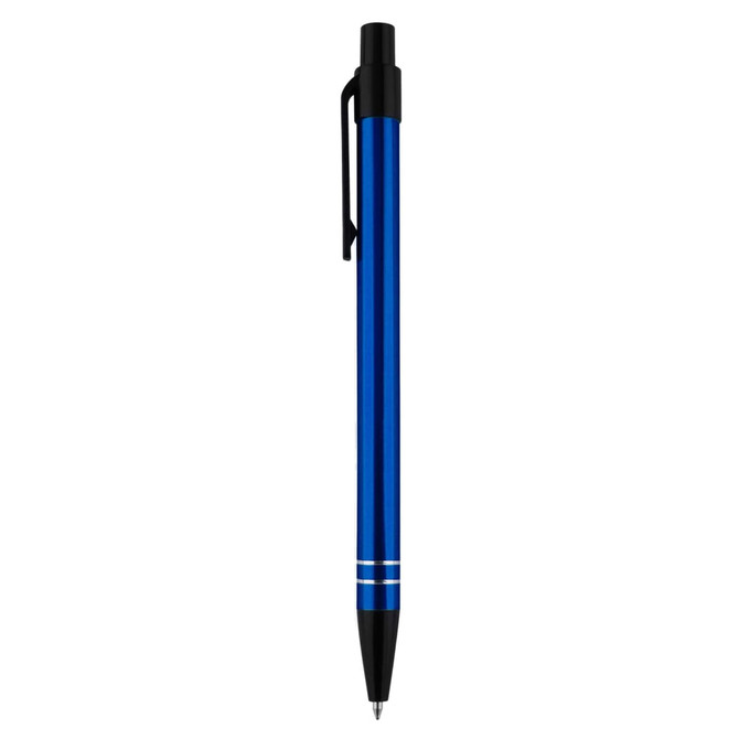 A metal pen in a vibrant blue colour with a black clip and two silver stripes. It features a branding logo.